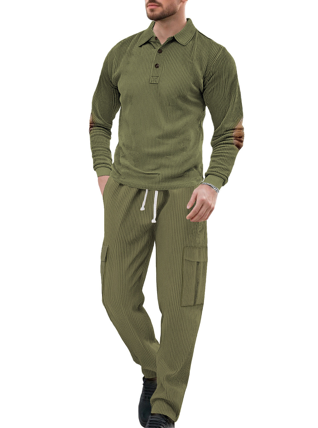 Herren nan geripptes Lounge-Set mit Polokragen Ellenbogenpatches und Cargohose Drune