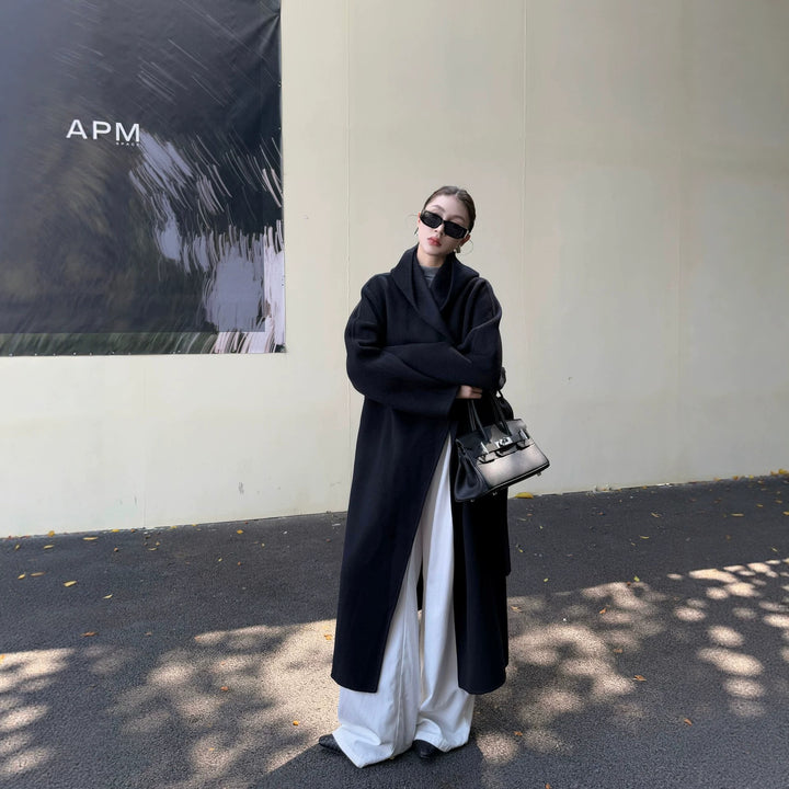 Damen Oversize Wollmantel mit Schalkragen und verdeckter Knopfleiste Drune