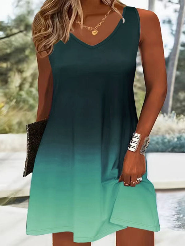 Damen V-Ausschnitt Sommerkleid mit lebhaftem Farbverlauf und leichtem, atmungsaktivem Stoff Drune