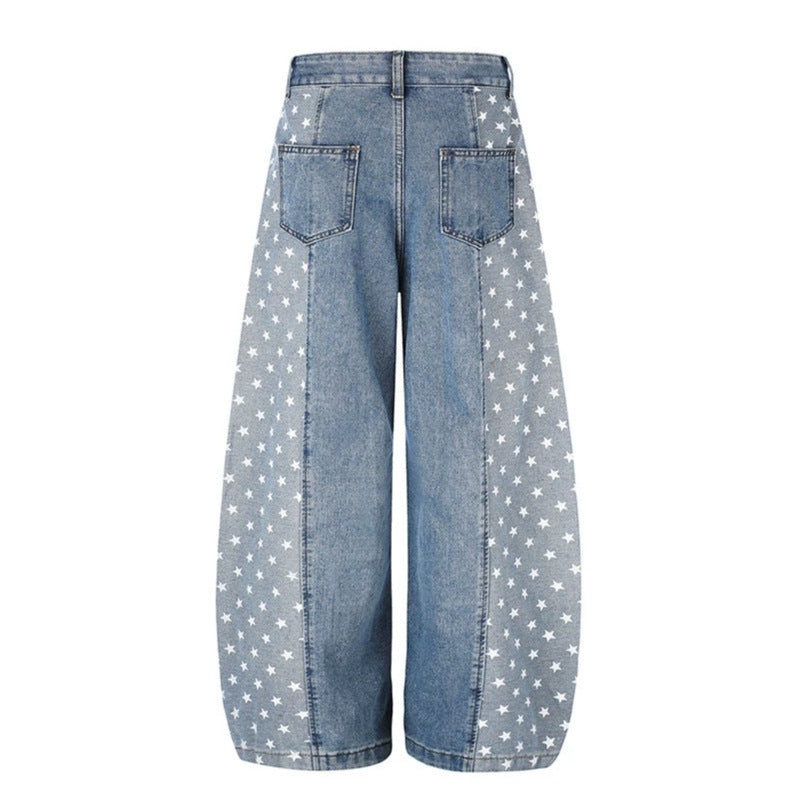 Damen Weite Denim-Palazzohose mit Kontrastseiten, Stern-Print und aufgesetzten Taschen Drune