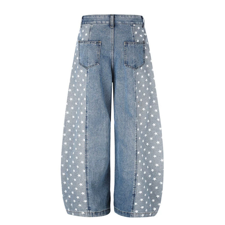 Damen Weite Denim-Palazzohose mit Kontrastseiten, Stern-Print und aufgesetzten Taschen Drune