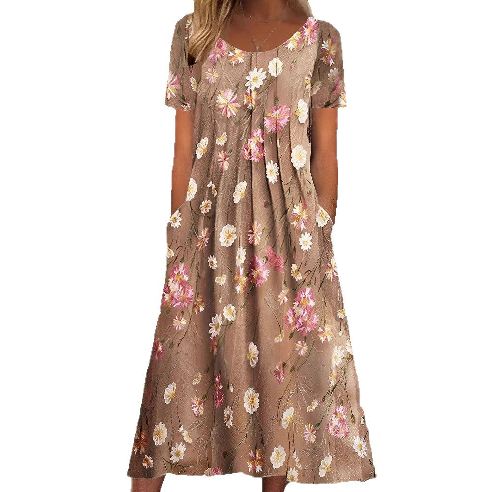 Damen nan Blumenswing-Midikleid mit Rundhalsausschnitt, Eingrifftaschen und strukturierter Crêpe-Qualität Drune