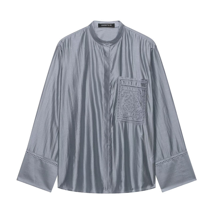 Damen Oversize Seidenoptik-Bluse mit Stehkragen und bestickter Brusttasche Drune