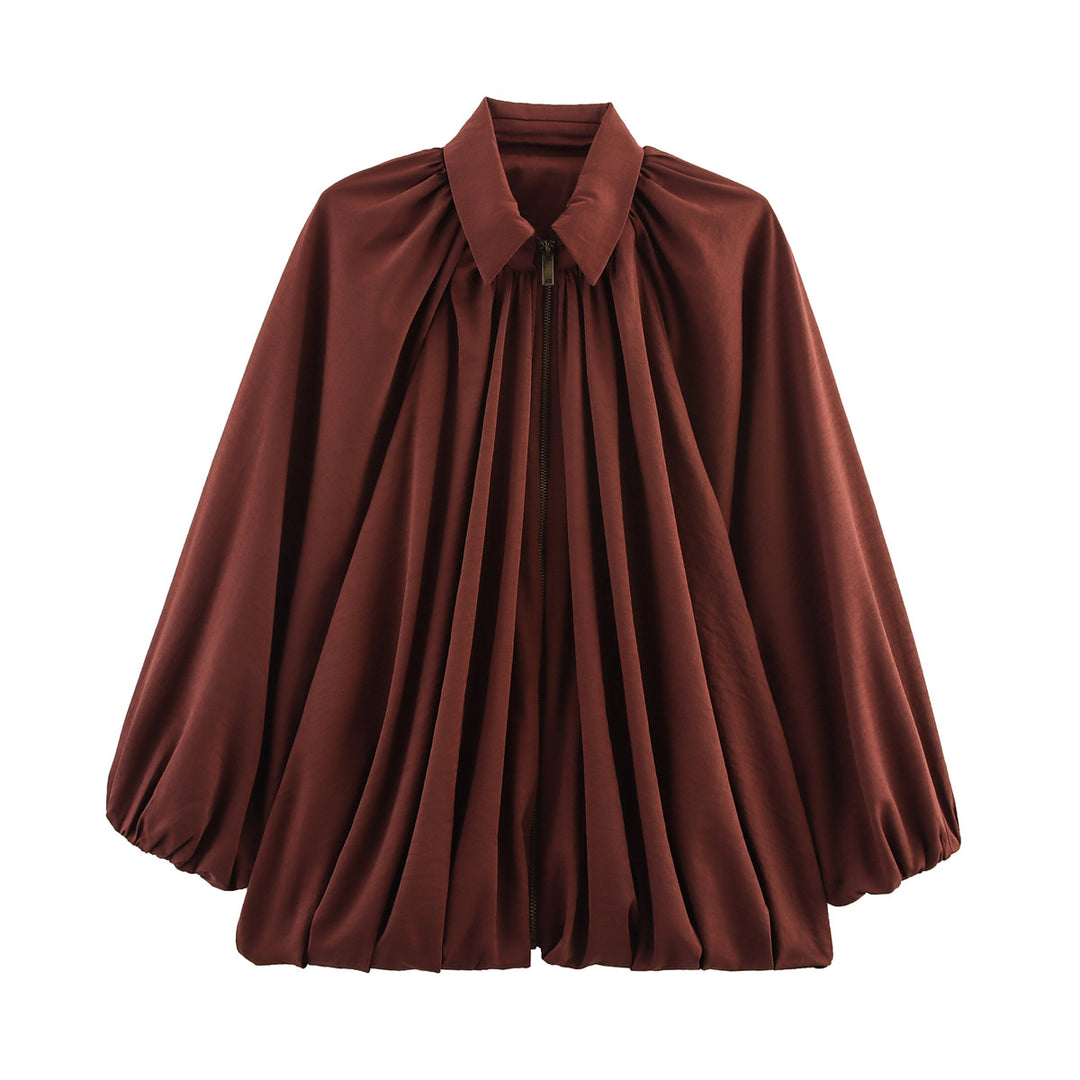 Damen 100+ weite geraffte Blusenjacke mit Hemdkragen und Frontreißverschluss Drune