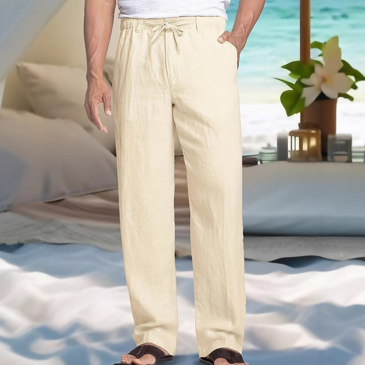 Herren Leichte Leinen-Baumwoll-Hose mit elastischem Bund, Kordelzug und geradem Bein Drune