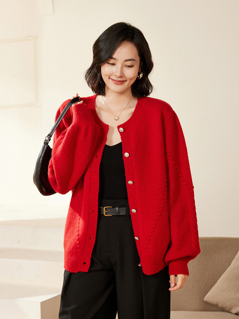 Damen Strickcardigan mit Strukturmuster, Ballonärmeln und Perlmuttknopfleiste Drune