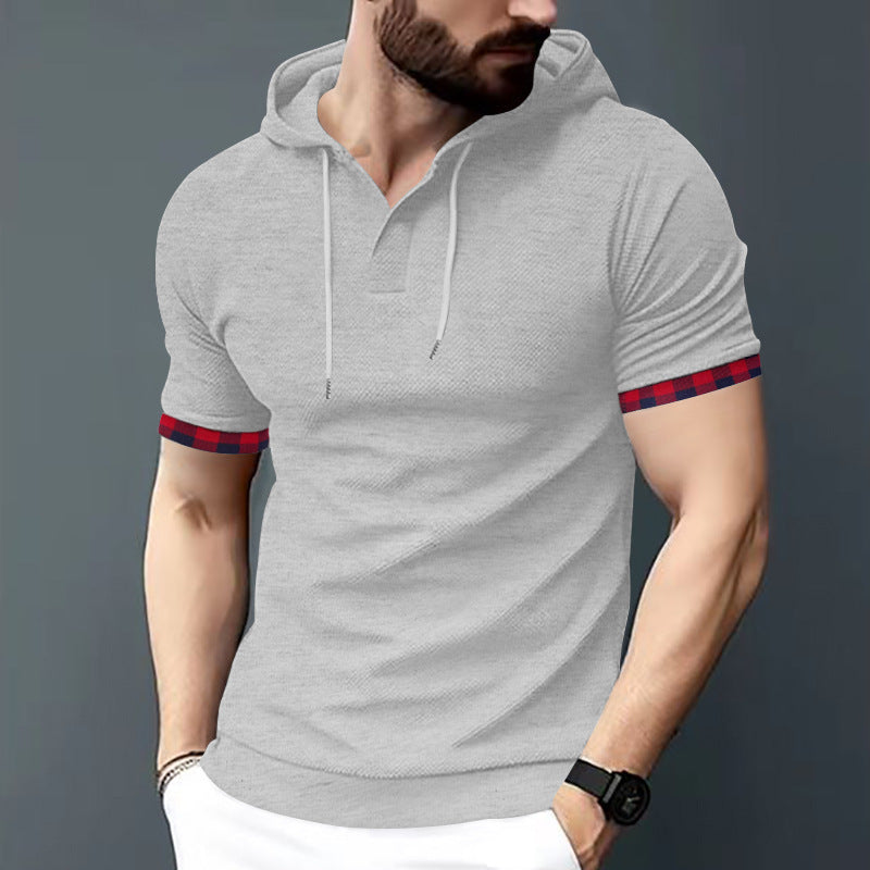 Herren nan figurbetontes Kurzarm-Kapuzenpoloshirt mit Henley-Blende und Kordelzug Drune