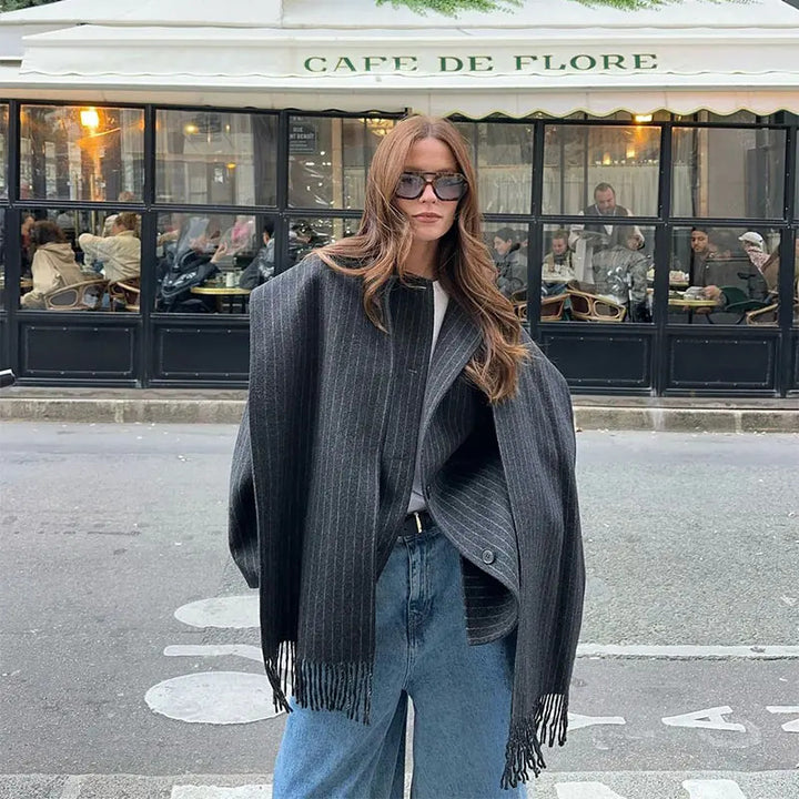Damen Oversized Jacke mit Fransendetails Drune