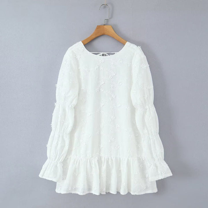 Damen luftiges Sommerkleid mit floralem Stickereidesign und voluminösen Ärmeln Drune