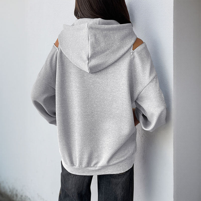 Damen Lässiger Kapuzenpullover mit Schulteröffnungen, Kängurutasche und gerippten Bündchen Drune
