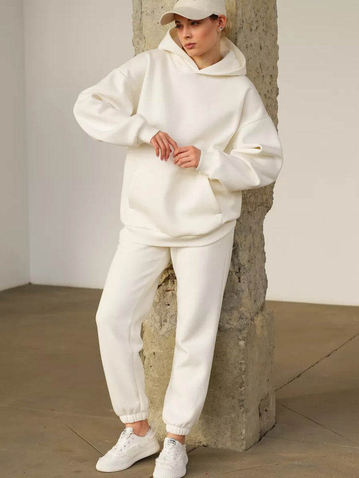 Damen nan zweiteiliges Komfort-Loungewear-Set mit oversized Kapuzenpullover, Kängurutasche und elastischem Knöchel-Jogger aus French Terry Drune
