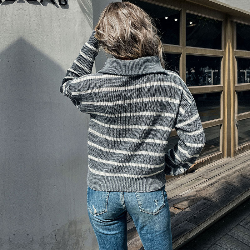 Damen Maritimer Streifenpullover aus Grobstrick mit kurzem Saum und Stehkragen Drune