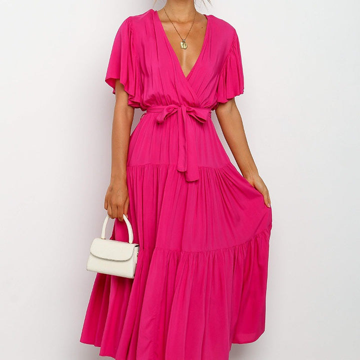 Damen Fließendes Maxi-Kleid mit Wickelbindung und Schmetterlingsärmeln Drune