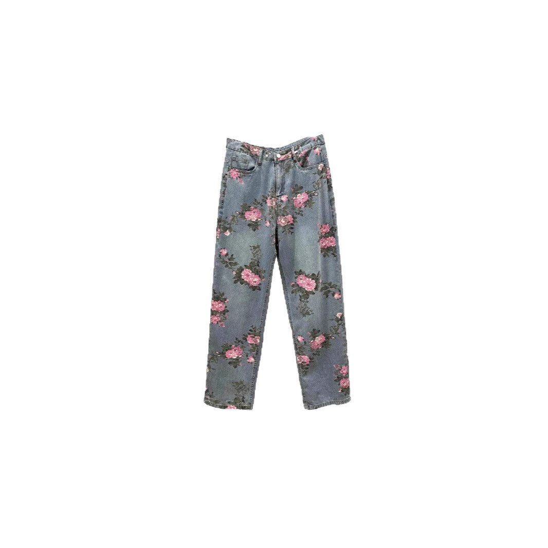 Damen Weitgeschnittene Blumen-Cargo-Jeans Drune