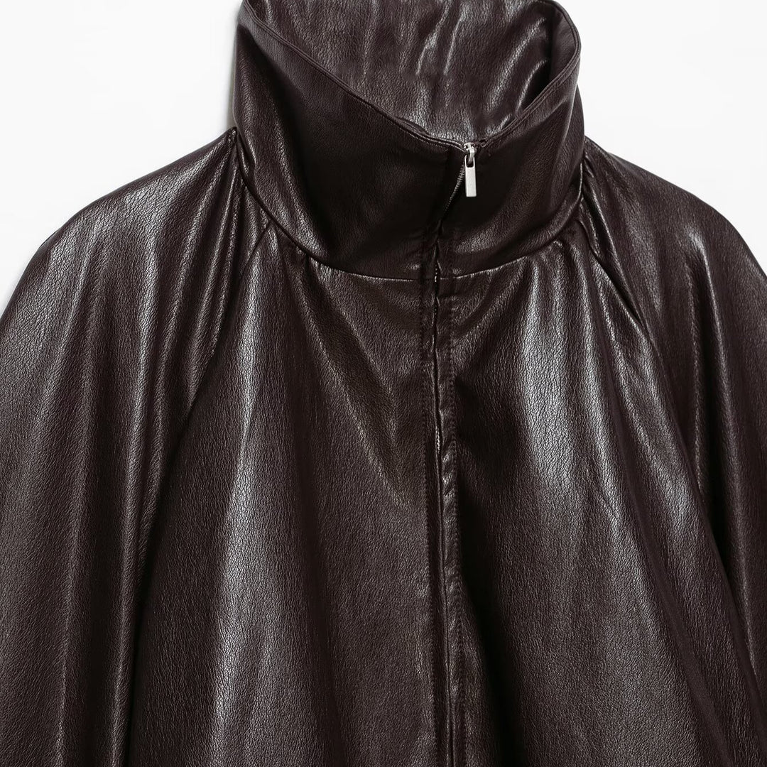 Damen Oversize Jacke im Lederlook mit hohem Funnelkragen, Raglanärmeln und Tunnelzugsaum Drune