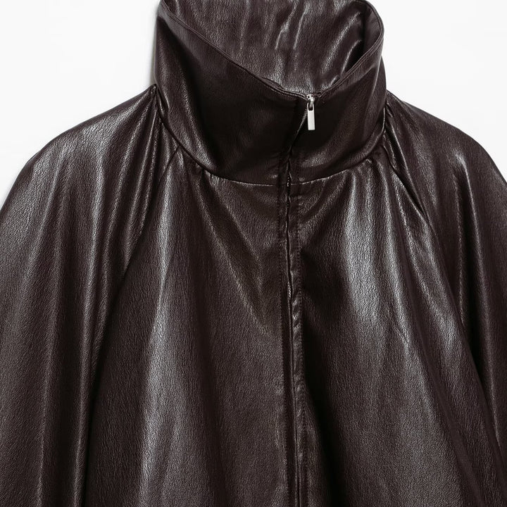Damen Oversize Jacke im Lederlook mit hohem Funnelkragen, Raglanärmeln und Tunnelzugsaum Drune