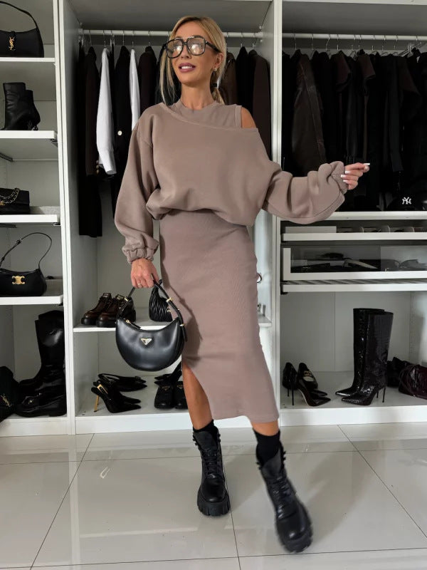 Damen Bequemes Sweatset mit Ein-Schulter-Ausschnitt und Taillierter Midi-Rock Drune