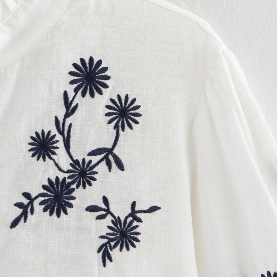 Damen Bestickte Bluse mit Stehkragen und langen Ärmeln Drune