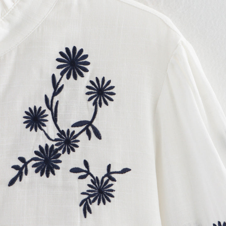 Damen Bestickte Bluse mit Stehkragen und langen Ärmeln Drune
