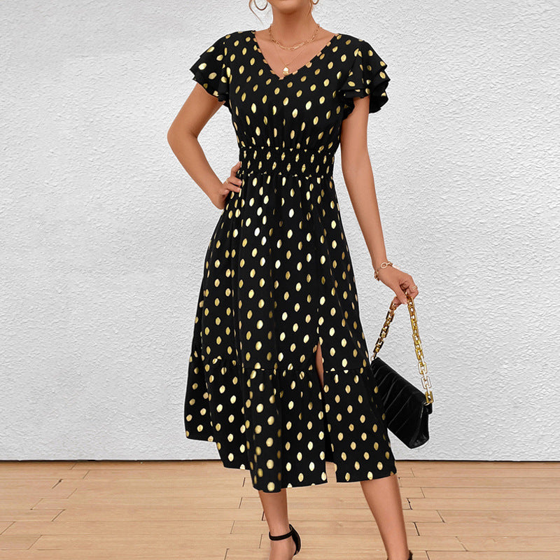 Damen Maxikleid mit Rüschendetails und schimmerndem Punktmuster Drune