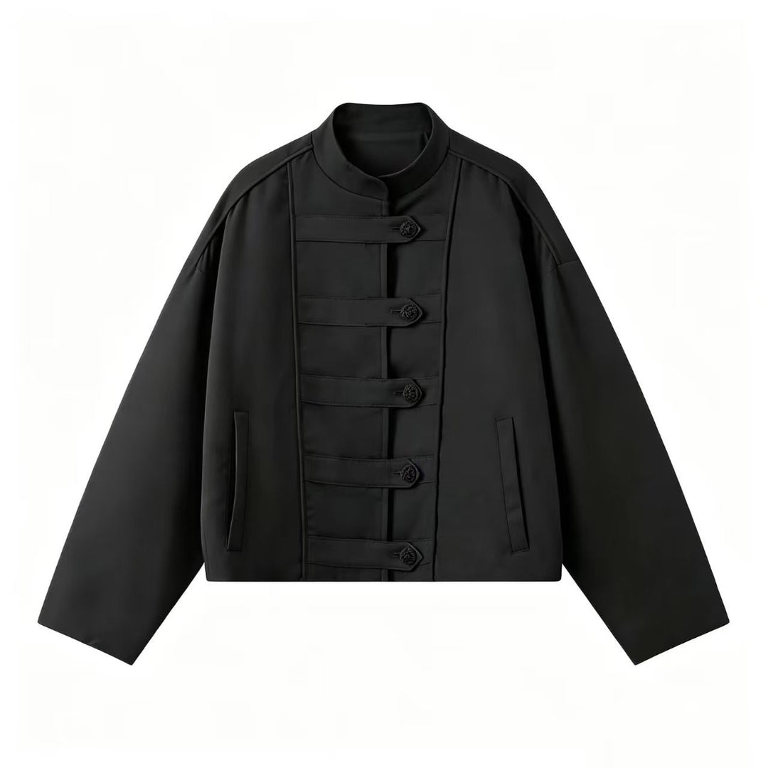 Damen Boxy-Jacke mit Stehkragen und Knebelverschlüssen Drune