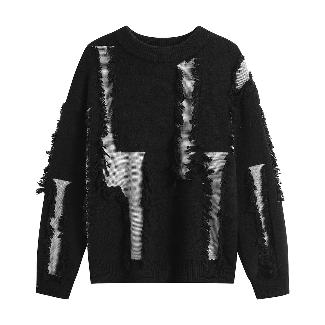 Damen Oversize Strickpullover mit Fransenapplikationen und Destroy-Look Drune