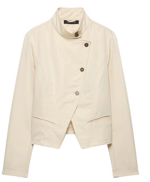 Damen Kurze taillierte Freizeitjacke im Blousonstil mit asymmetrischer Knopfreihe und Stehkragen Drune