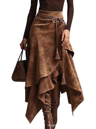 Damen asymmetrischer Wickelrock mit dekorativen Quasten Drune