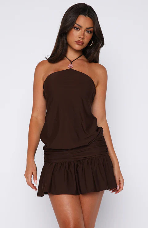 Damen Unterkleid mit verstellbarem Halterneck und Rüschensaum Drune