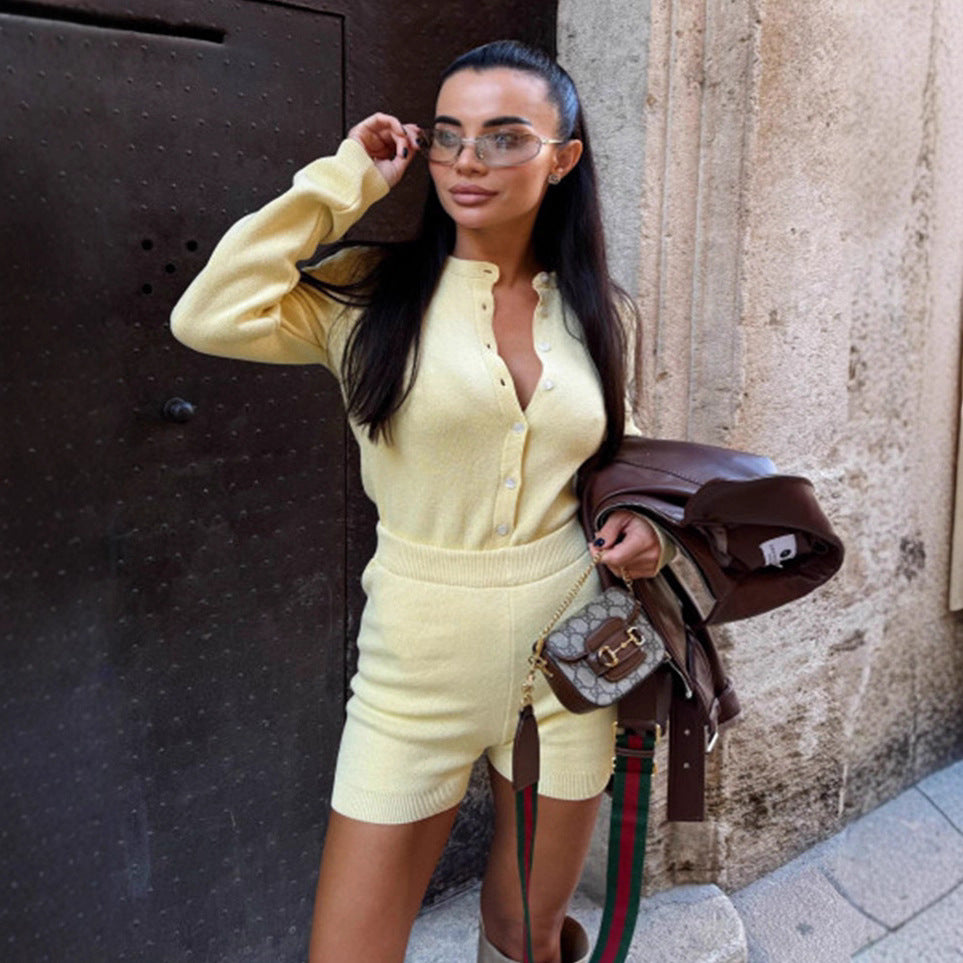 Damen Strickoverall mit Knopfleiste und kurzem Bein Drune