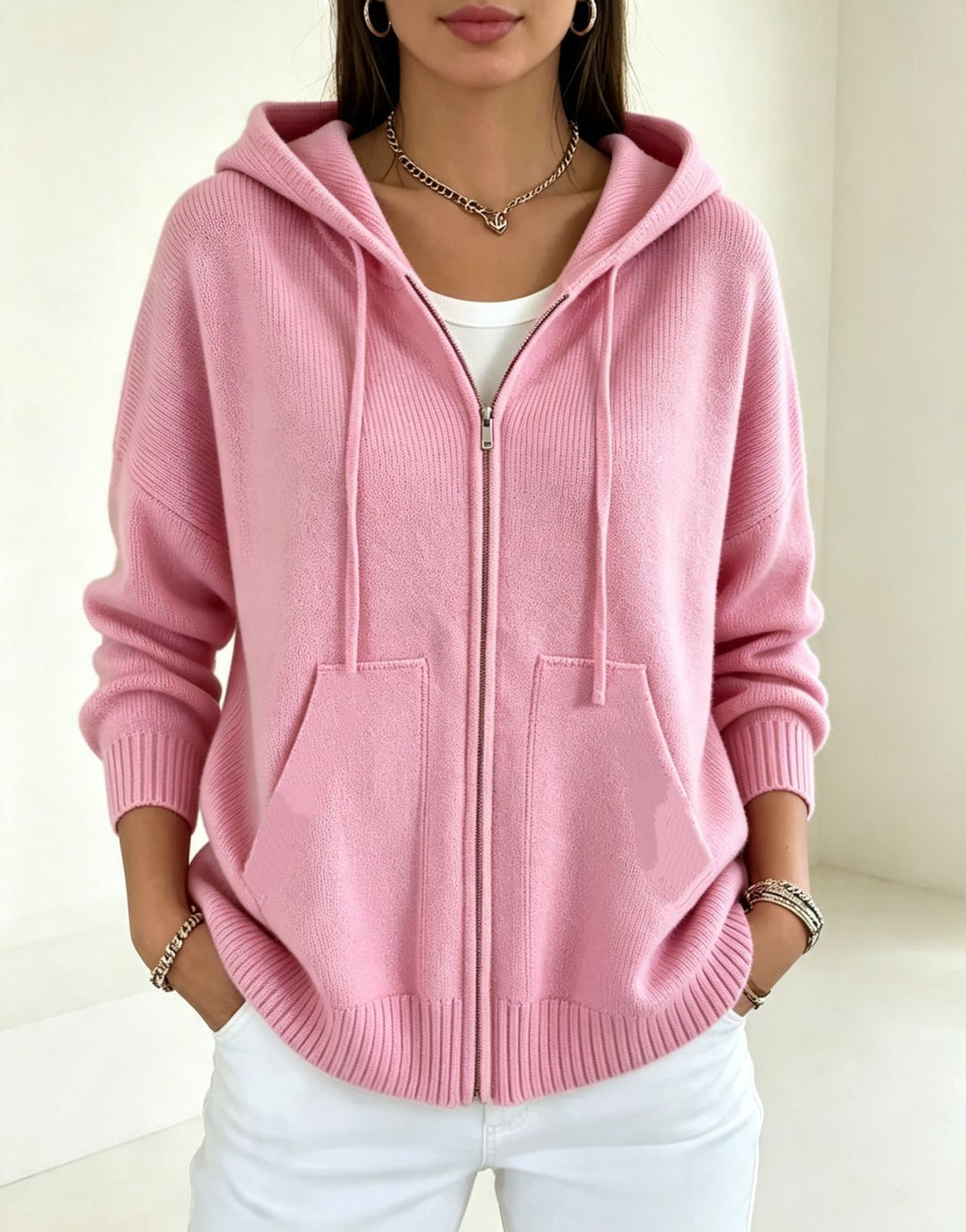 Damen Kapuzen-Wollmix Zip-Cardigan mit kastiger Passform und Kängurutaschen Drune