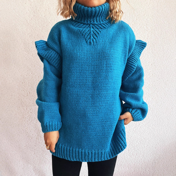Damen kuscheliger Strickpullover mit Rüschenärmeln und hohem Kragen Drune