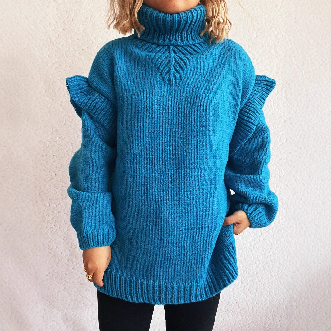 Damen Strickpullover mit Rüschen-Details und hohem Kragen Drune