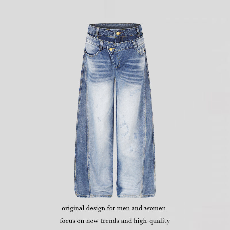 Damen Jeanshose mit weitem Culotte‑Schnitt, asymmetrischem Doppelbund und Kontrast-Seitenbahnen Drune