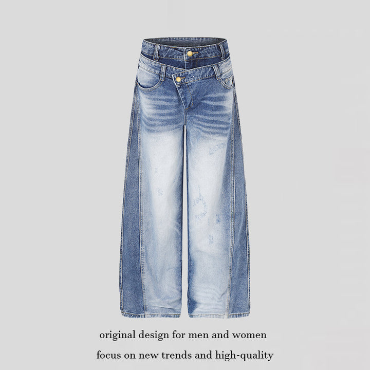 Damen Jeanshose mit weitem Culotte‑Schnitt, asymmetrischem Doppelbund und Kontrast-Seitenbahnen Drune