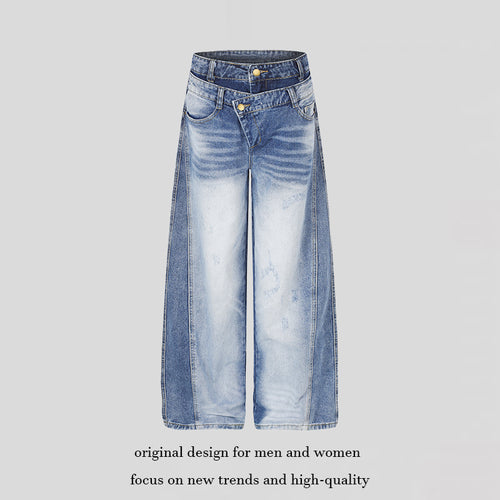 Damen Jeanshose mit weitem Culotte‑Schnitt, asymmetrischem Doppelbund und Kontrast-Seitenbahnen Drune