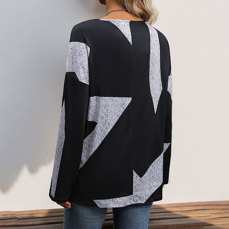 Damen Oversize V-Ausschnitt-Shirt mit abstraktem Grafikprint und leichtem Fall Drune