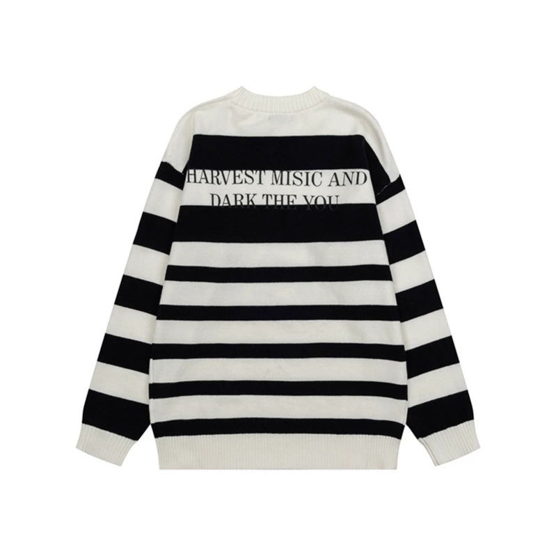 Damen Gestreifter Oversize-Strickpullover mit Rundhals und Musik-Grafik Drune