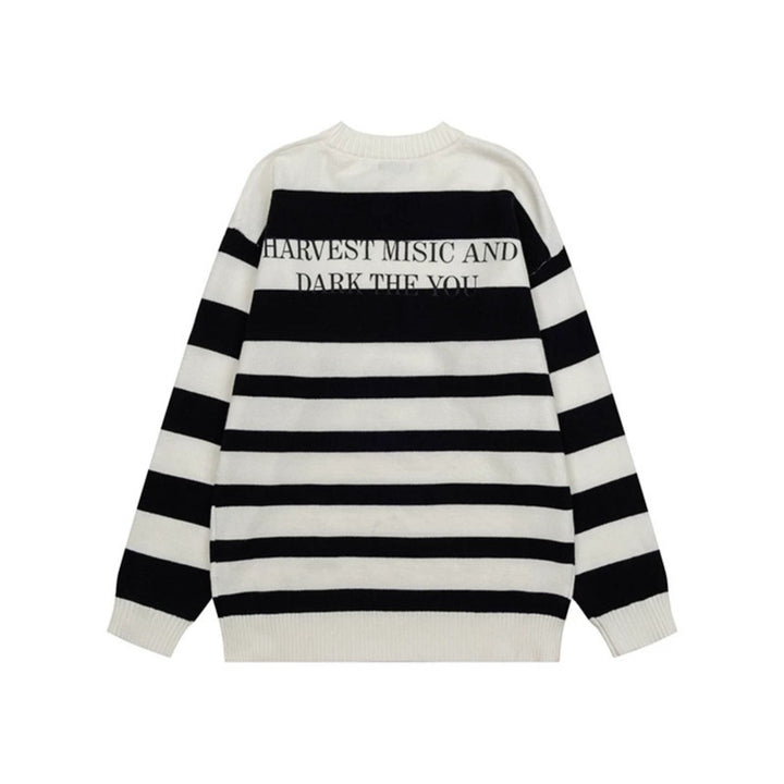 Damen Gestreifter Oversize-Strickpullover mit Rundhals und Musik-Grafik Drune