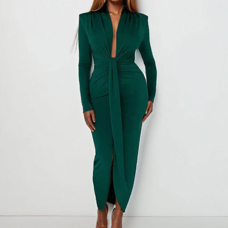 Damen Wickelkleid mit tiefem V-Ausschnitt und elegantem Schlitz Drune