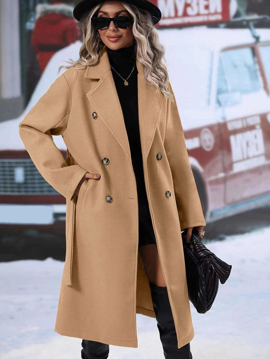 Damen eleganter Oversized-Mantel mit doppelter Knopfleiste und schickem Gürtel Drune
