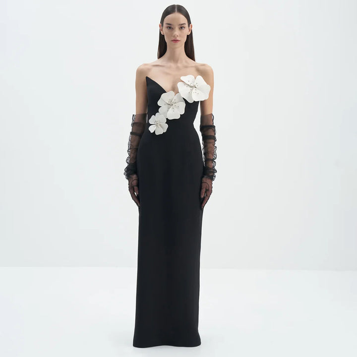 Damen Elegantes bodenlanges Kleid mit asymmetrischem Ausschnitt und floralen Details Drune