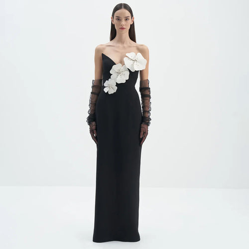 Damen Elegantes bodenlanges Kleid mit asymmetrischem Ausschnitt und floralen Details Drune