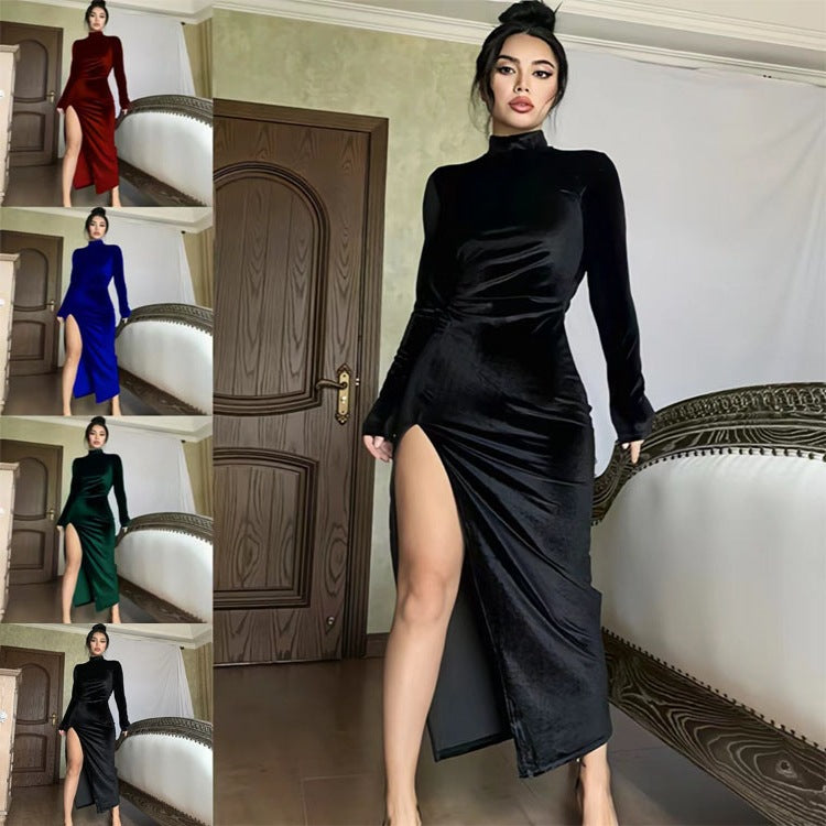Damen Elegantes Maxikleid mit langen Ärmeln und schickem Schlitz Drune