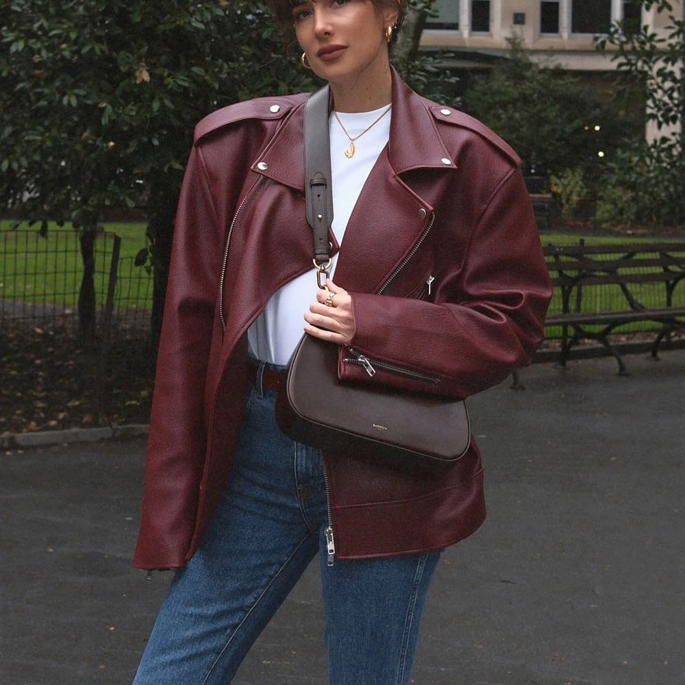 Damen Oversize Bikerjacke aus Struktur-Kunstleder mit asymmetrischem Reißverschluss Drune