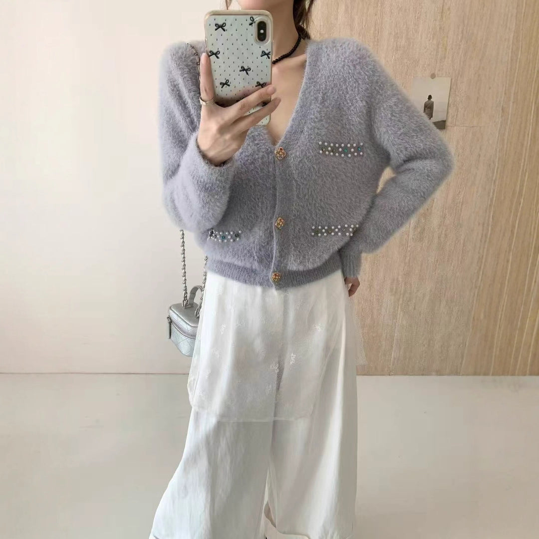 Damen Verspielter V-Ausschnitt Cardigan mit Perlen Drune