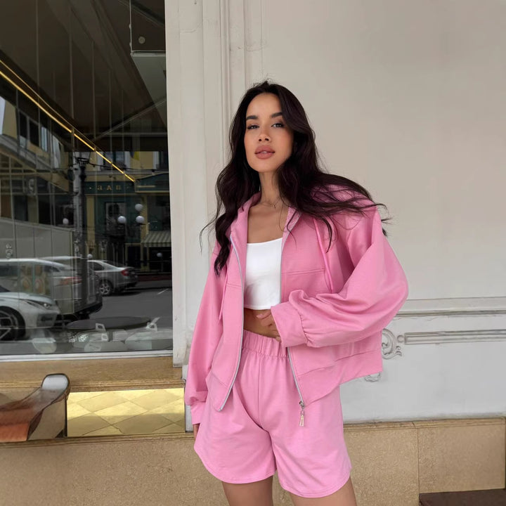 Damen lässiger Zip-Hoodie und Shorts-Set Drune