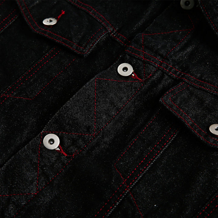 Unisex Boxy-Denimjacke mit kontrastierenden Ziernähten und Pattentaschen Drune