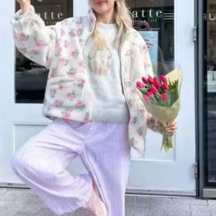 Damen nan Teddy-Fleece Jacke mit floralem Muster, Feincord-Einsätzen, Stehkragen und Reißverschluss Drune
