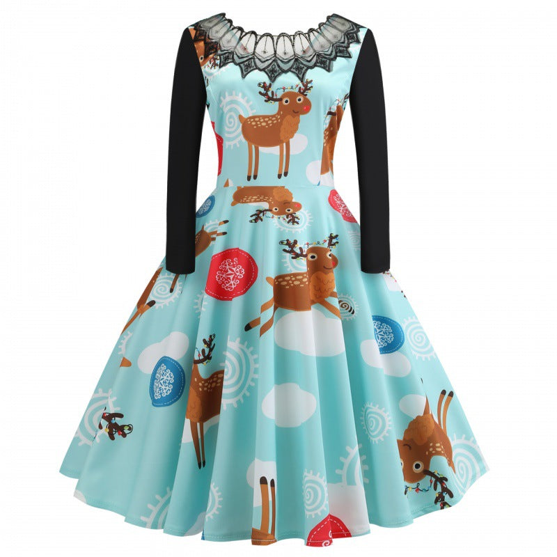 Damen Festliches Retro Swing Kleid mit Langarm A Linien Schnitt und Rentier-Print Drune